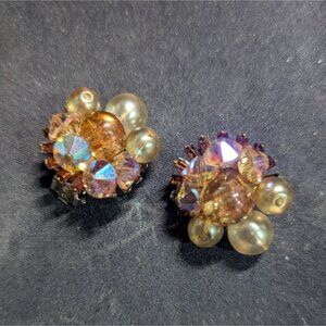 Vintage Alice Caviness Clip-On Earrings W/ Faux Pearls & Aurora Borealis Crystal